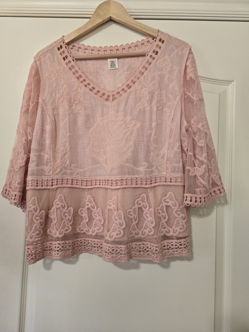 Ultra Pink Lace-Trim Embroidered V-Neck Blouse in Soft Pink